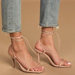 Nude Square Toe Lace-Up Heels